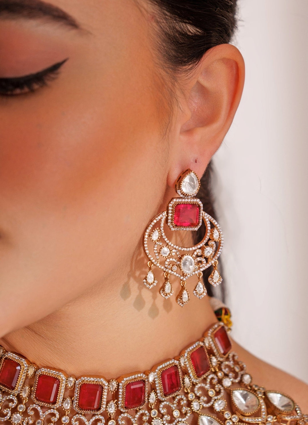 Gold Plated Red Stone Kundan Necklace Set With Maangtikka. Zevar by Geeta - Fabilicious Fashion