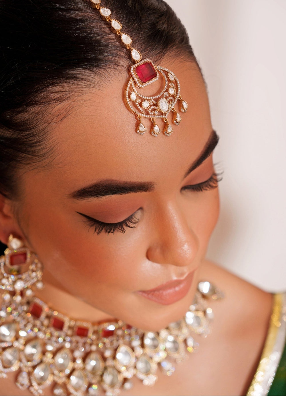 Gold Plated Red Stone Kundan Necklace Set With Maangtikka. Zevar by Geeta - Fabilicious Fashion