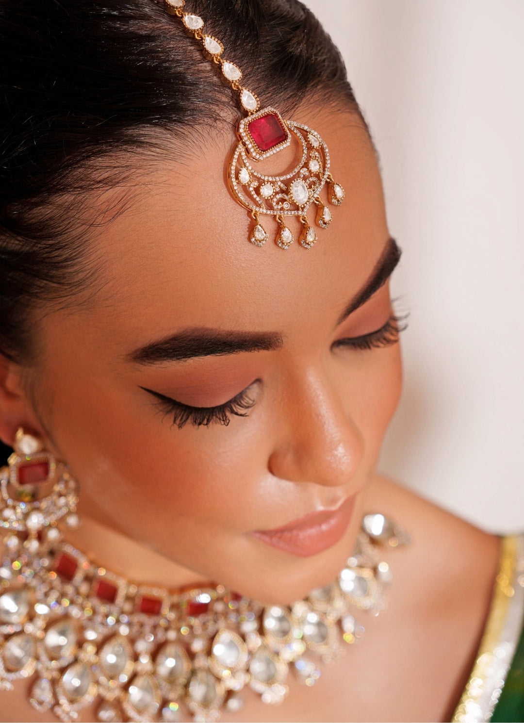 Gold Plated Red Stone Kundan Necklace Set With Maangtikka. Zevar by Geeta - Fabilicious Fashion