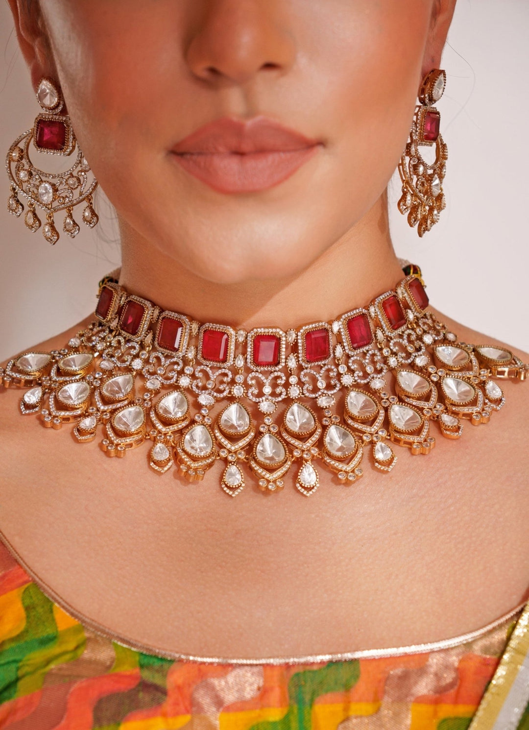 Gold Plated Red Stone Kundan Necklace Set With Maangtikka. Zevar by Geeta - Fabilicious Fashion