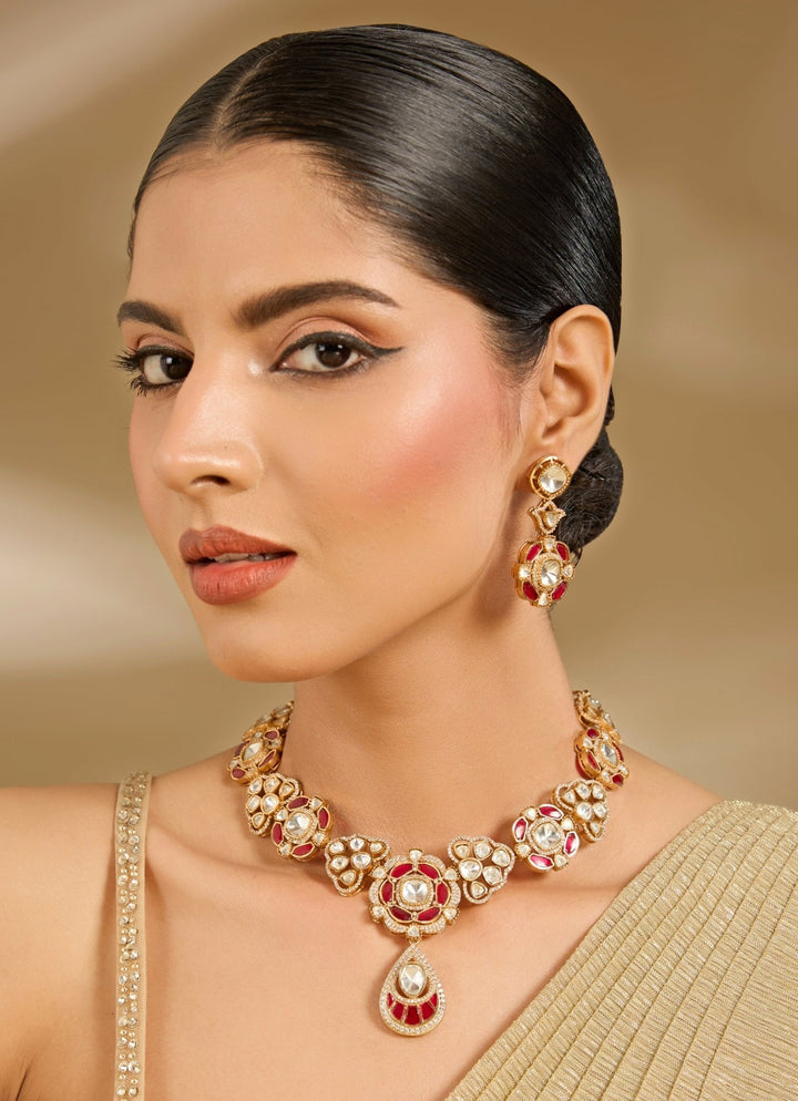 Gold Plated Red Stones Kundan Necklace Set Vivinia By Vidhi Mehra - Fabilicious Fashion