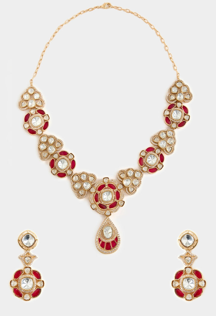 Gold Plated Red Stones Kundan Necklace Set Vivinia By Vidhi Mehra - Fabilicious Fashion