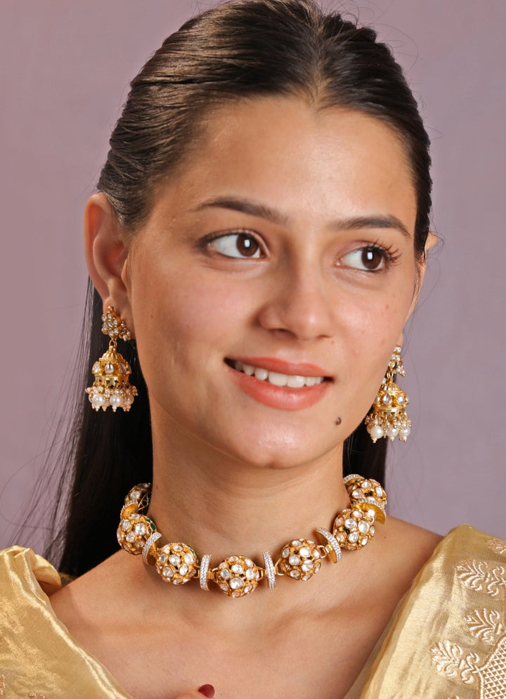 Gold Plated Round Design Reversible Choker Necklace With Jhumka Kalyani Indian Jewelry - Fabilicious Fashion
