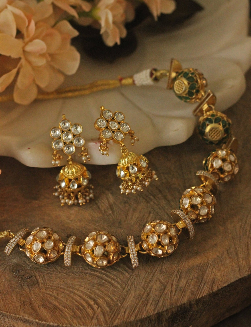 Gold Plated Round Design Reversible Choker Necklace With Jhumka Kalyani Indian Jewelry - Fabilicious Fashion