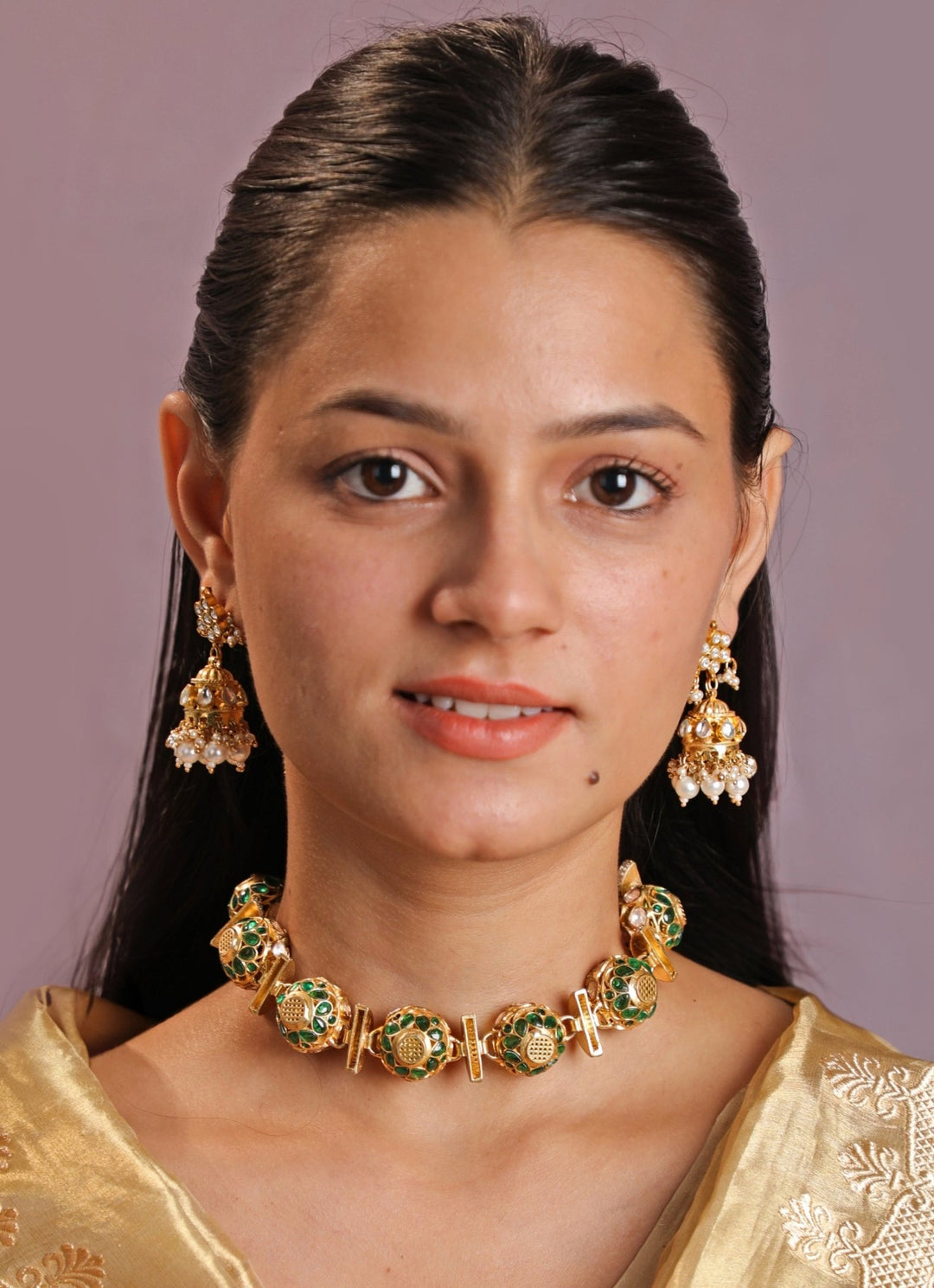 Gold Plated Round Design Reversible Choker Necklace With Jhumka Kalyani Indian Jewelry - Fabilicious Fashion
