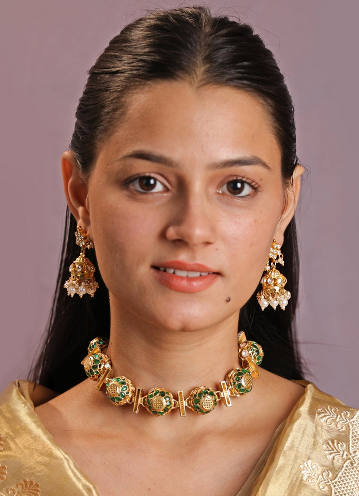 Gold Plated Round Design Reversible Choker Necklace With Jhumka Kalyani Indian Jewelry - Fabilicious Fashion