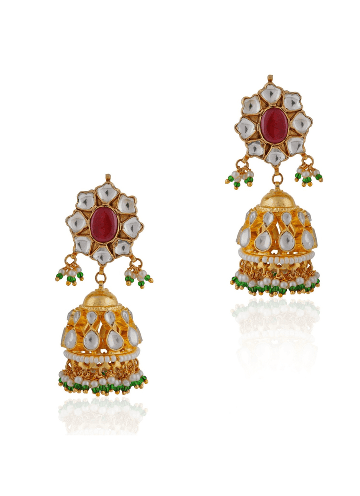 Gold Plated Ruby And Emerald Stone Jhumkas Riana by Shikha Jindal - Fabilicious Fashion
