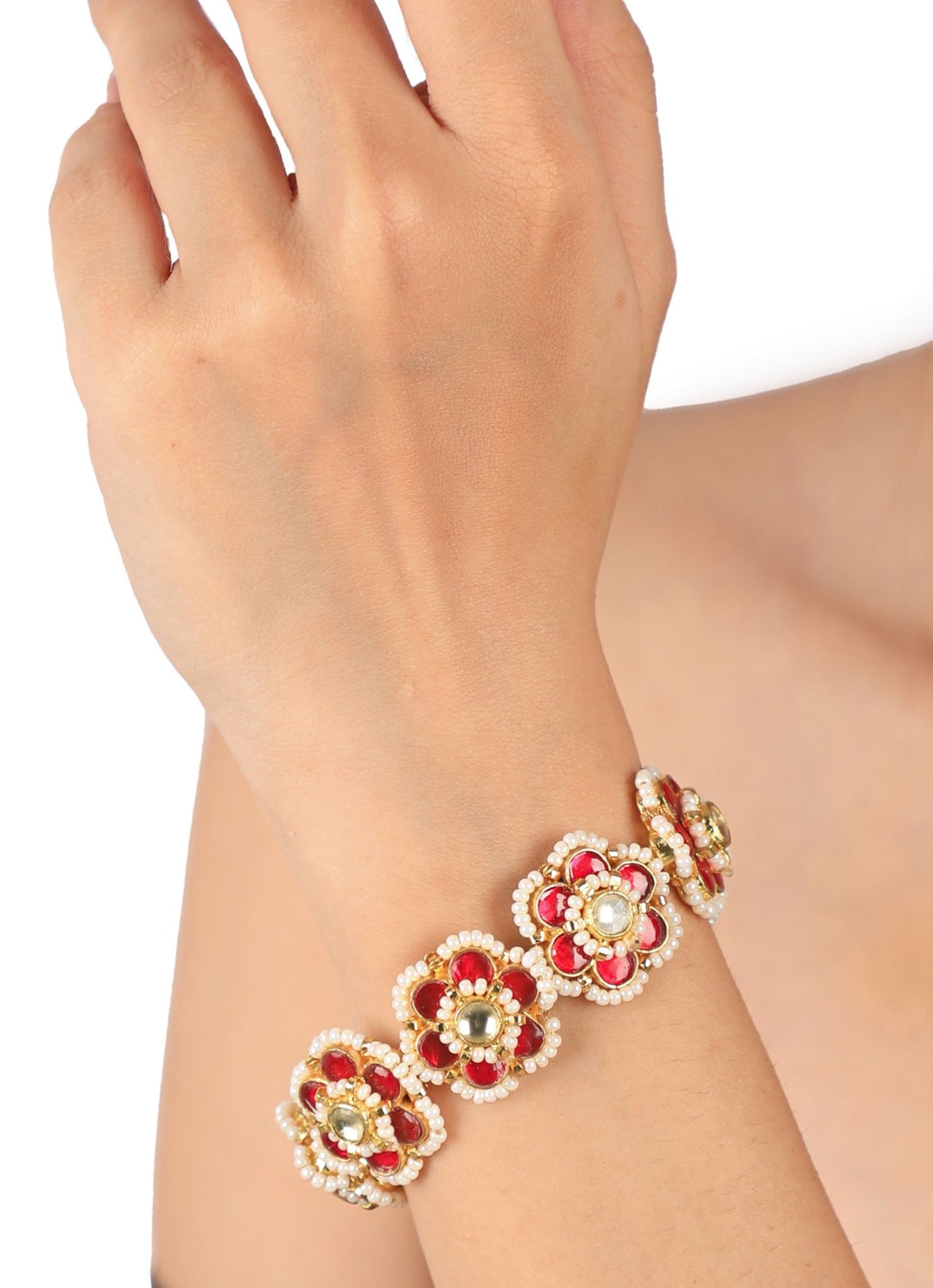 Gold Plated Ruby and Pearl Floral Bracelet Riana by Shikha Jindal - Fabilicious Fashion