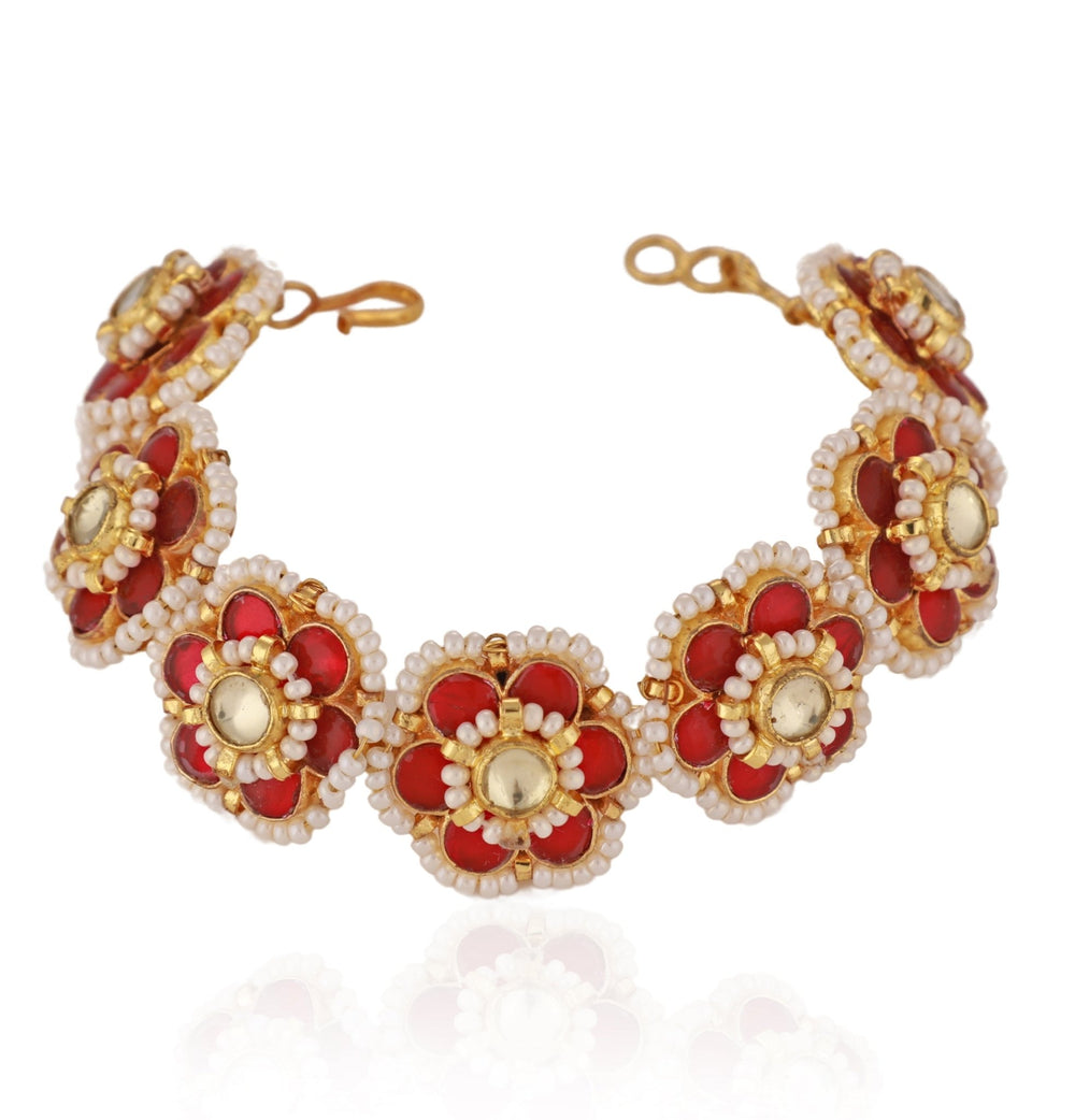 Gold Plated Ruby and Pearl Floral Bracelet Riana by Shikha Jindal - Fabilicious Fashion