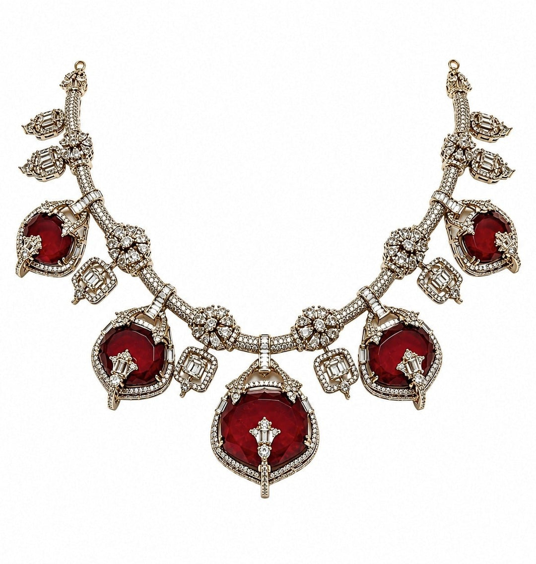 Vivinia By Vidhi Mehra Gold Plated Ruby Red Moissanite Necklace SetFabilicious Fashion