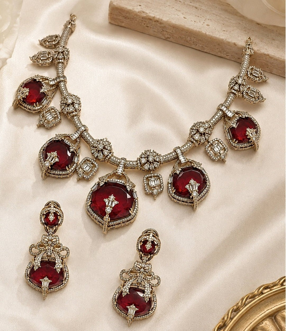 Vivinia By Vidhi Mehra Gold Plated Ruby Red Moissanite Necklace SetFabilicious Fashion