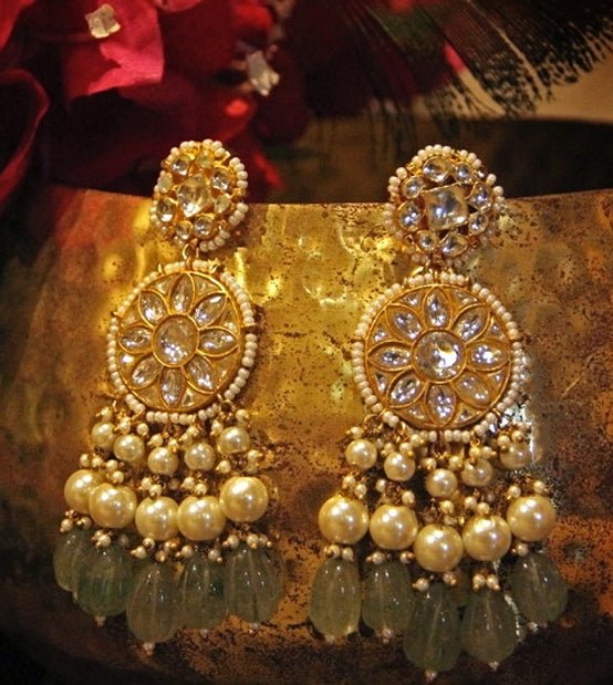 Gold Plated Sea Green And Jadau Earrings With Pearl Kalyani Indian Jewelry - Fabilicious Fashion