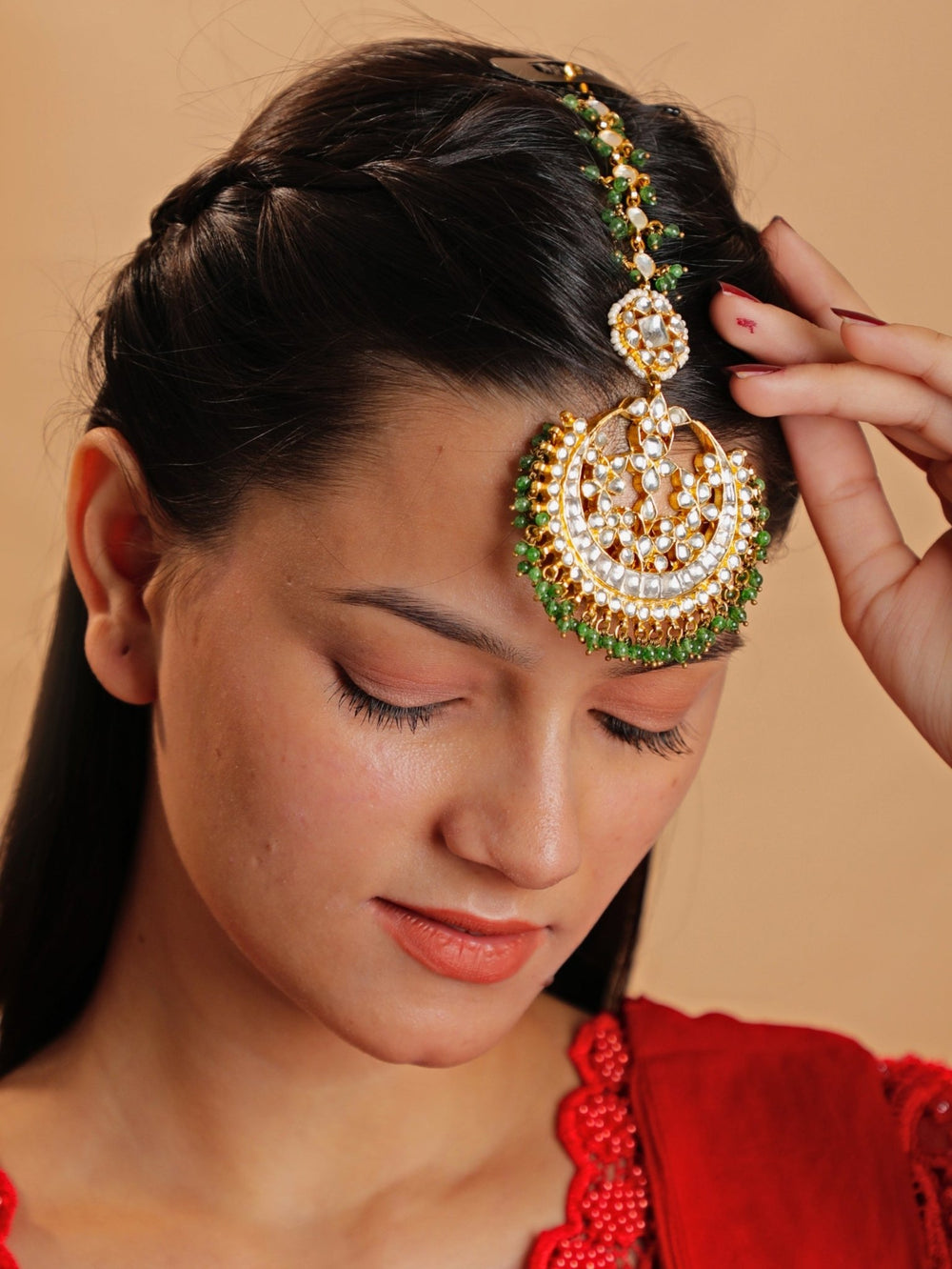 Gold Plated Sea Green Beaded Maang Tikka Kalyani Indian Jewelry - Fabilicious Fashion