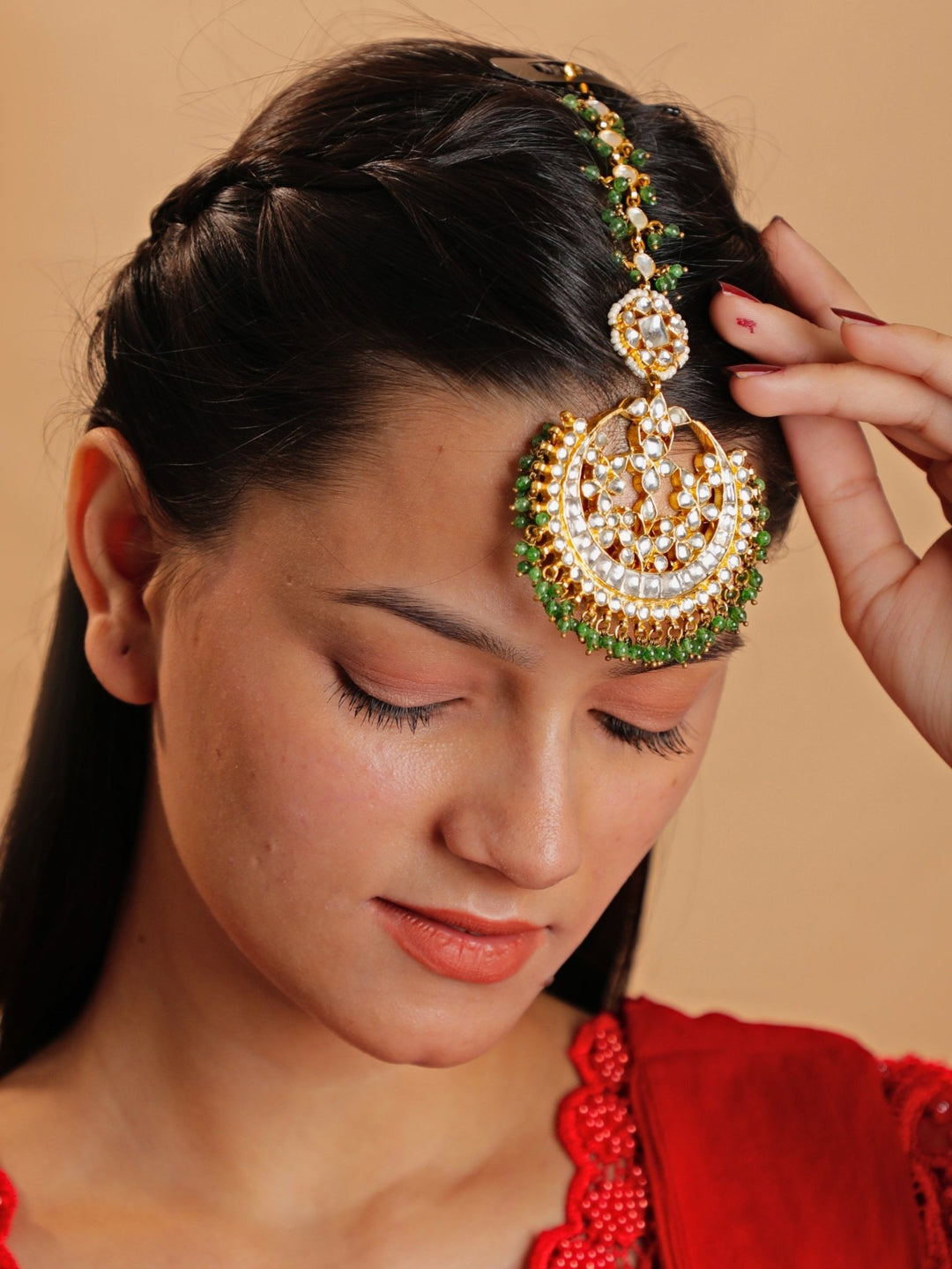 Gold Plated Sea Green Beaded Maang Tikka Kalyani Indian Jewelry - Fabilicious Fashion