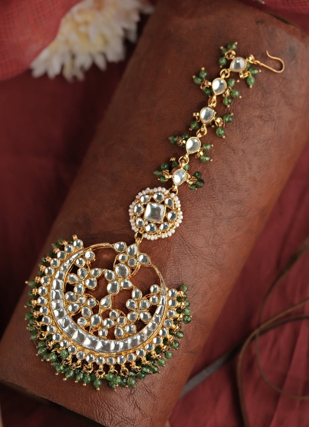 Gold Plated Sea Green Beaded Maang Tikka Kalyani Indian Jewelry - Fabilicious Fashion