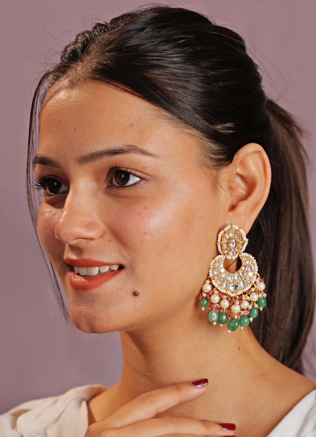 Gold Plated Sea Green Jadau Kundan Earrings Kalyani Indian Jewelry - Fabilicious Fashion
