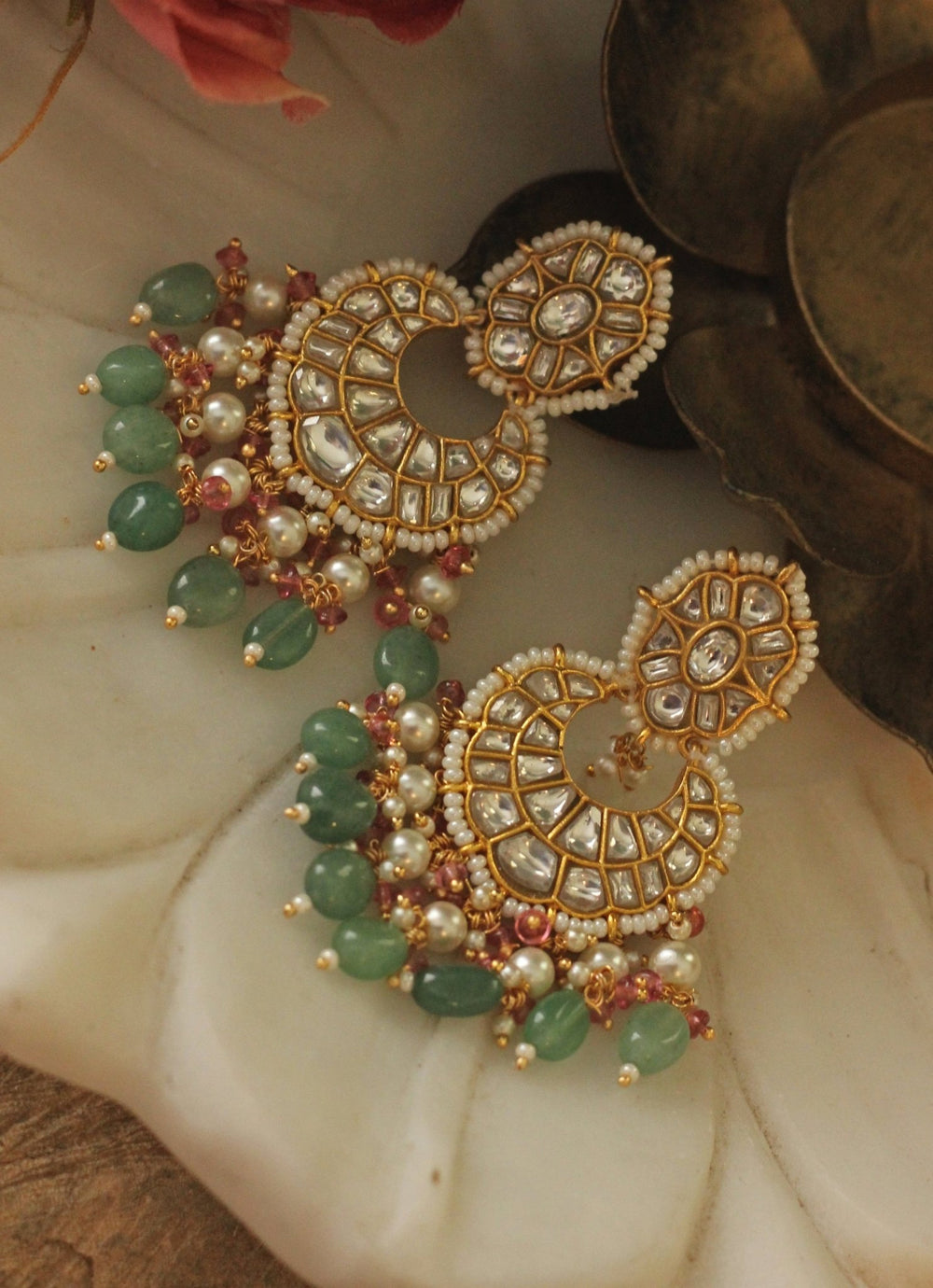 Gold Plated Sea Green Jadau Kundan Earrings Kalyani Indian Jewelry - Fabilicious Fashion