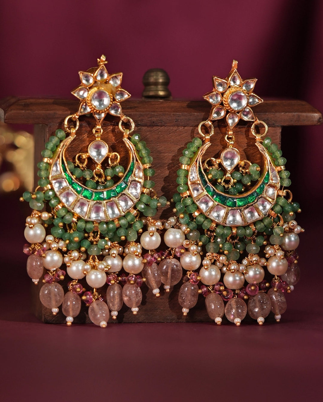 Gold Plated Sea Green Stone Chandbali With Pastel Pink And Pearl Hangings Kalyani Indian Jewelry - Fabilicious Fashion