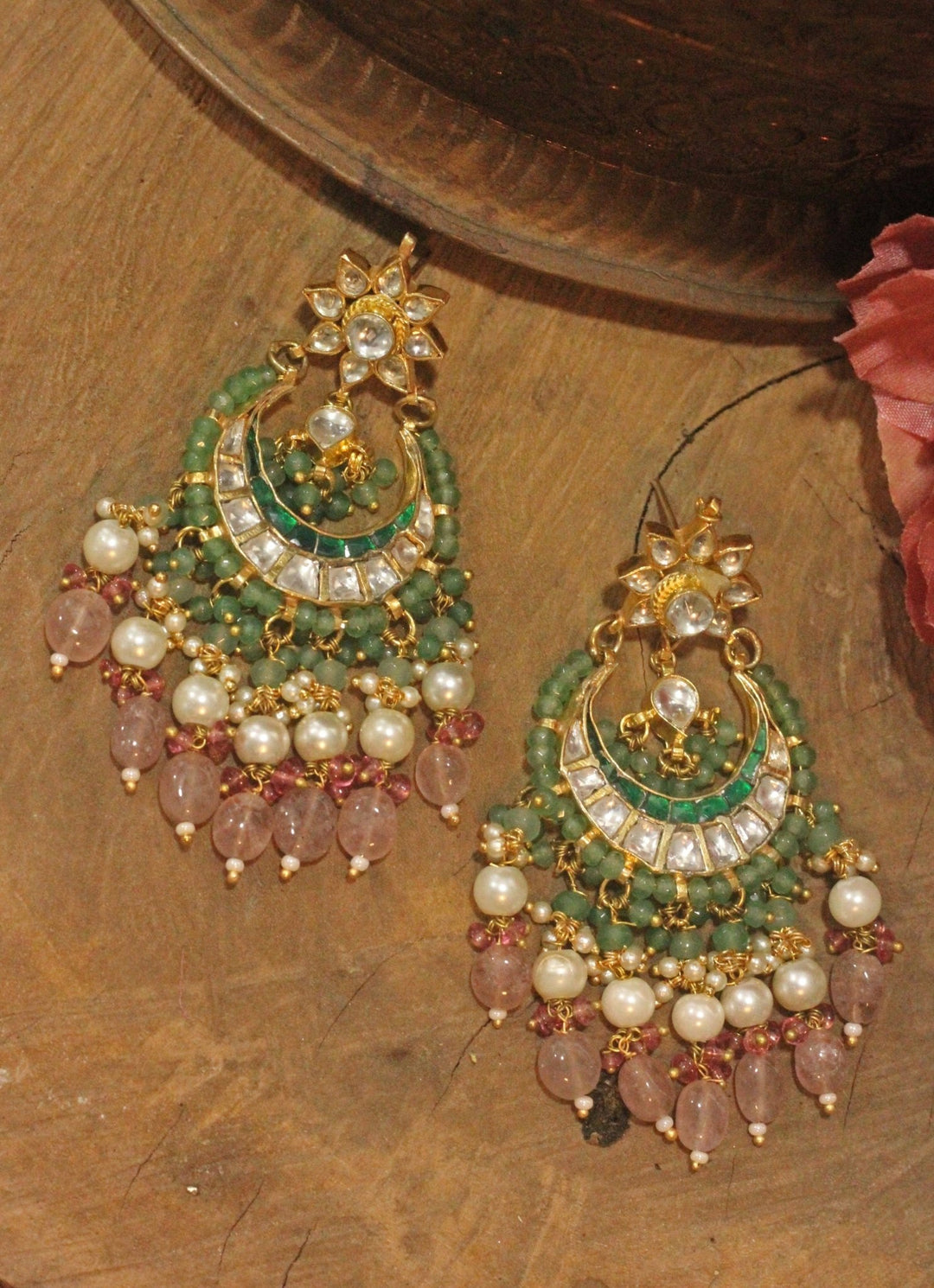 Gold Plated Sea Green Stone Chandbali With Pastel Pink And Pearl Hangings Kalyani Indian Jewelry - Fabilicious Fashion