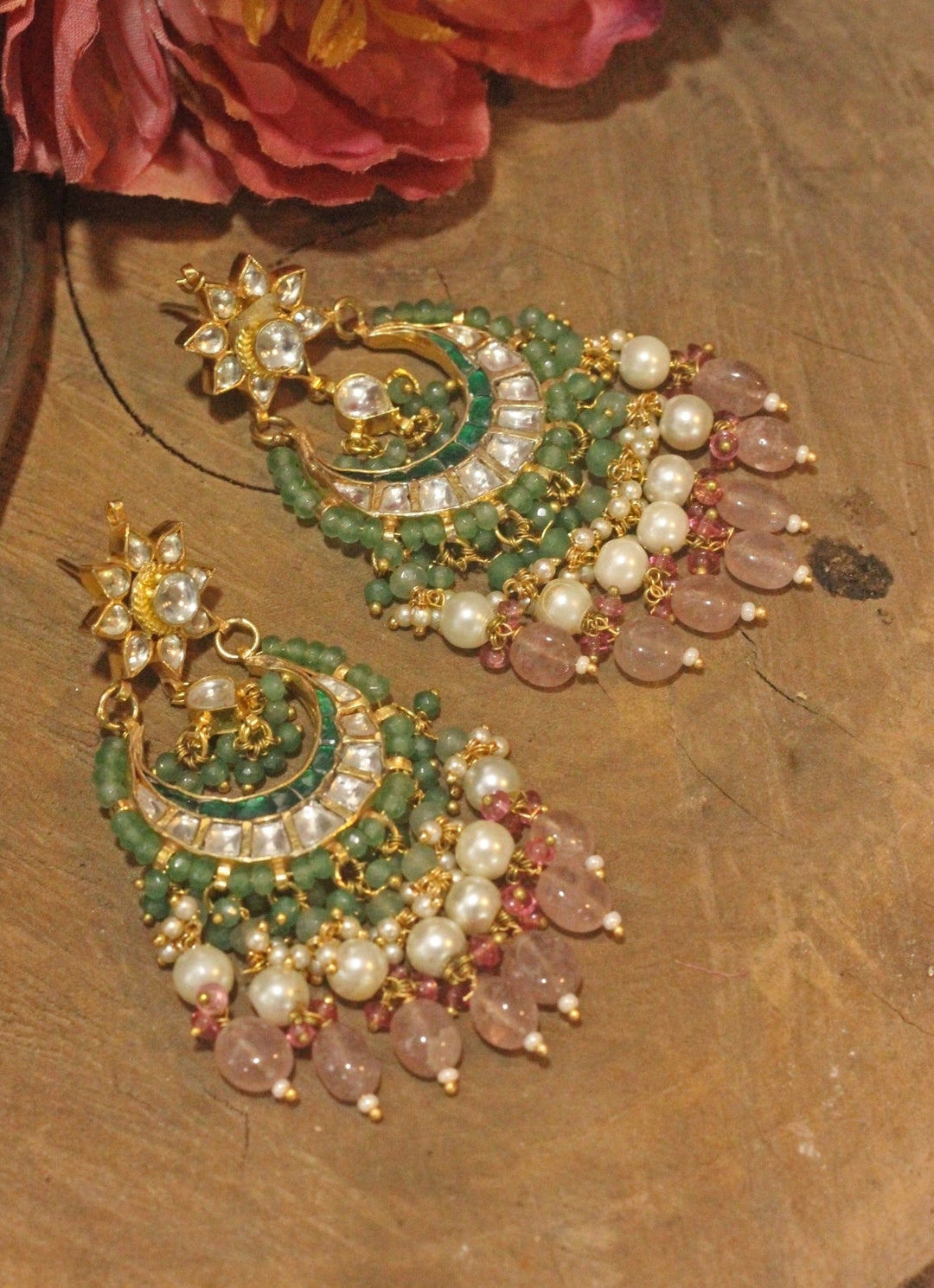 Gold Plated Sea Green Stone Chandbali With Pastel Pink And Pearl Hangings Kalyani Indian Jewelry - Fabilicious Fashion