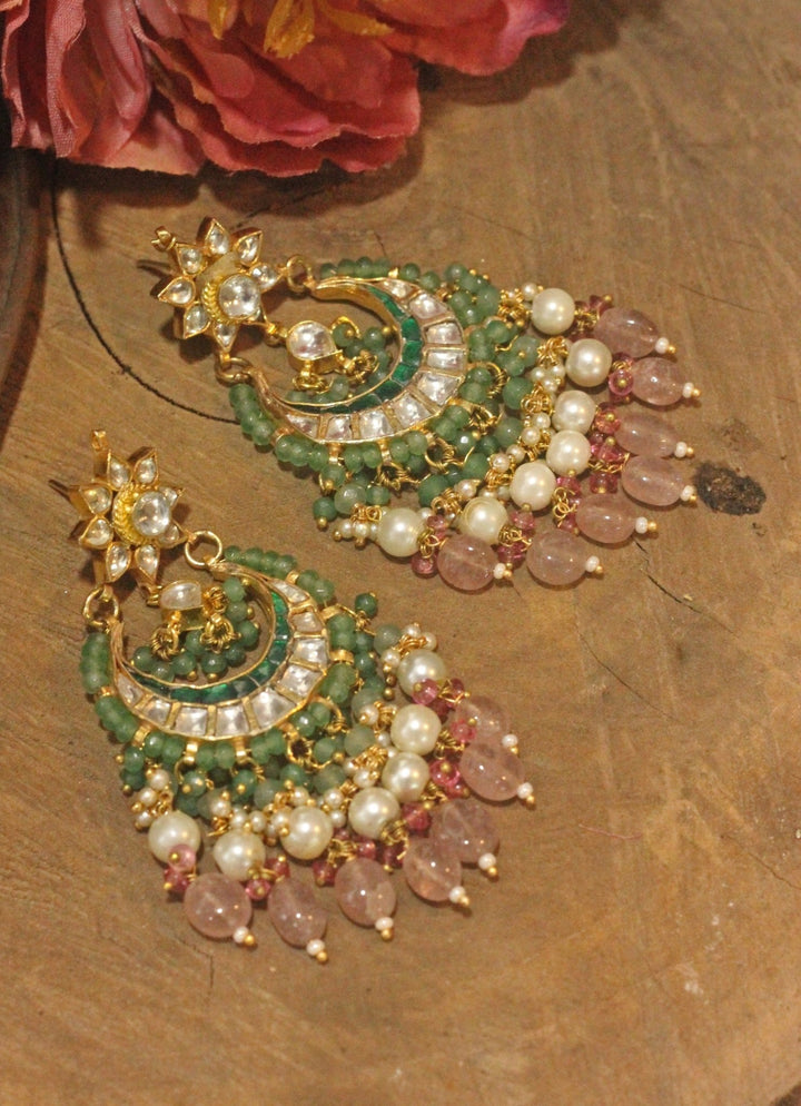 Gold Plated Sea Green Stone Chandbali With Pastel Pink And Pearl Hangings Kalyani Indian Jewelry - Fabilicious Fashion