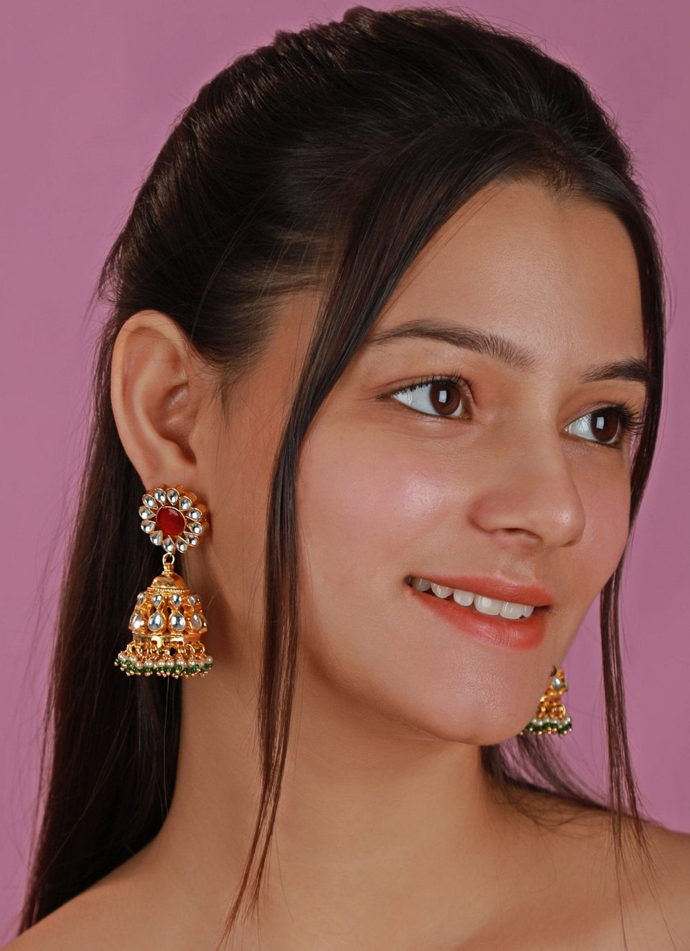 Gold Plated Single - Line Choker Necklace Set With Jhumka Kalyani Indian Jewelry - Fabilicious Fashion
