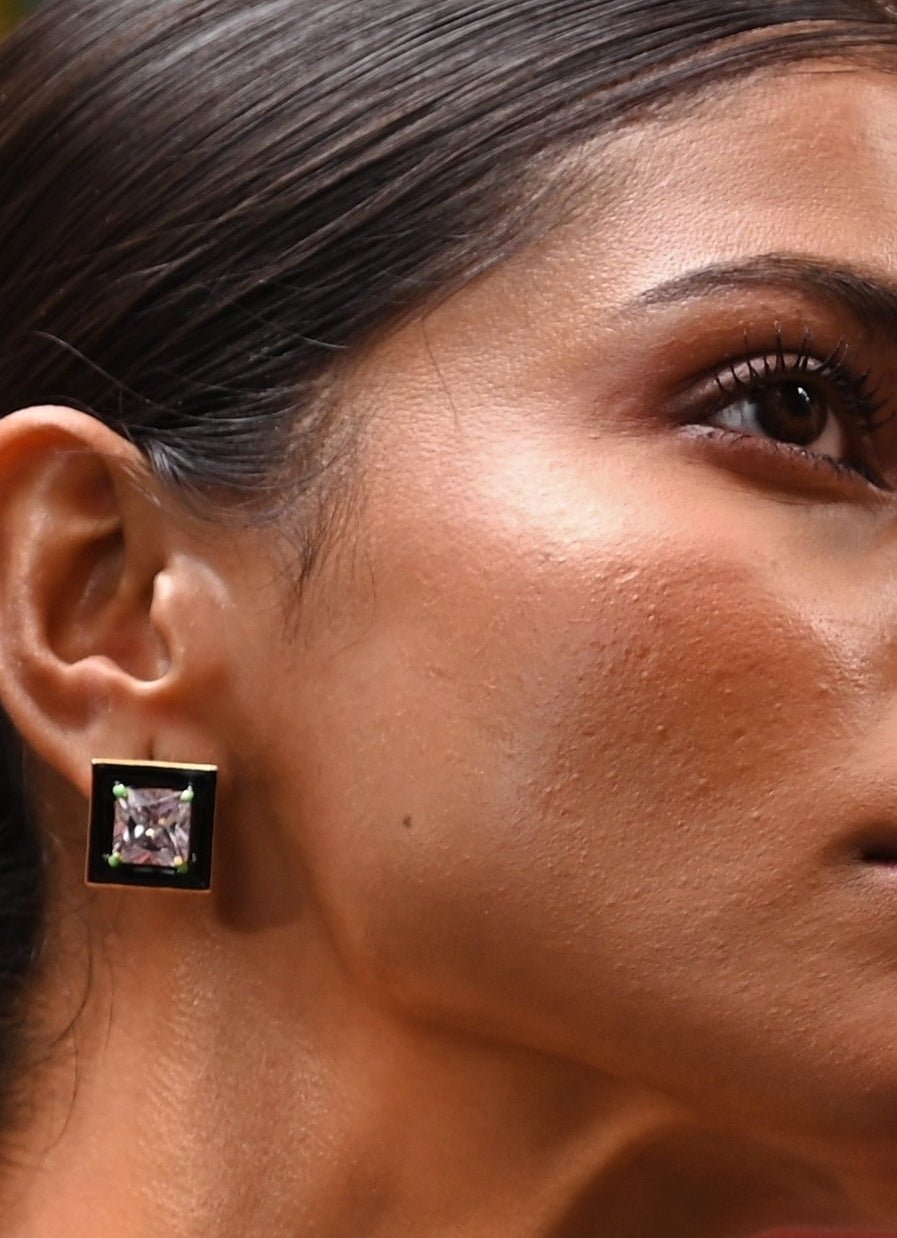 Gold Plated Square Shaped Black Zircon Studs Zaza By Somya - Fabilicious Fashion