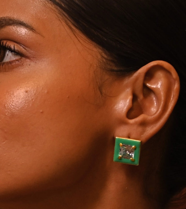Gold Plated Square Shaped Green Zircon Studs Zaza By Somya - Fabilicious Fashion