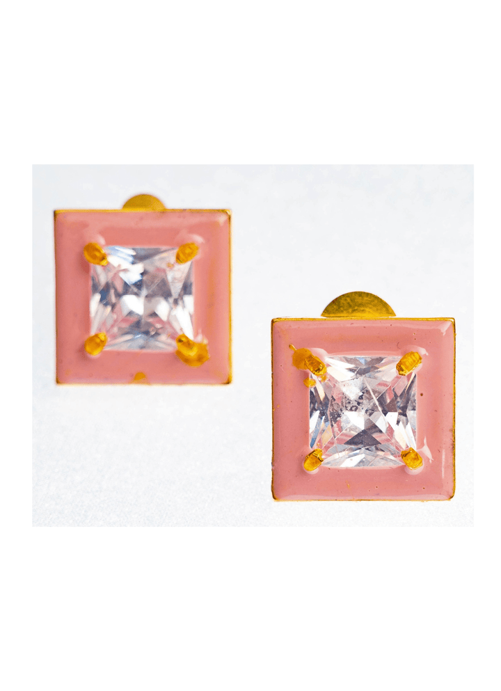 Gold Plated Square Shaped Pink Zircon Studs Zaza By Somya - Fabilicious Fashion