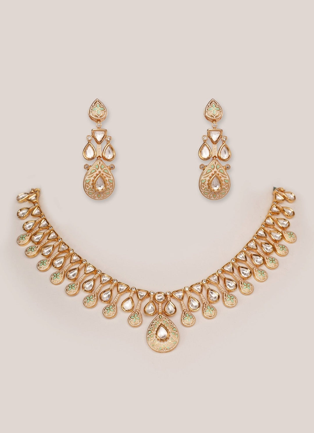 Gold Plated Teardrop Kundan Polki Necklace Set Zevar by Geeta - Fabilicious Fashion