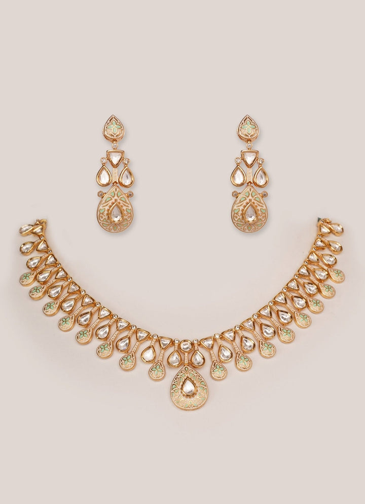 Gold Plated Teardrop Kundan Polki Necklace Set Zevar by Geeta - Fabilicious Fashion