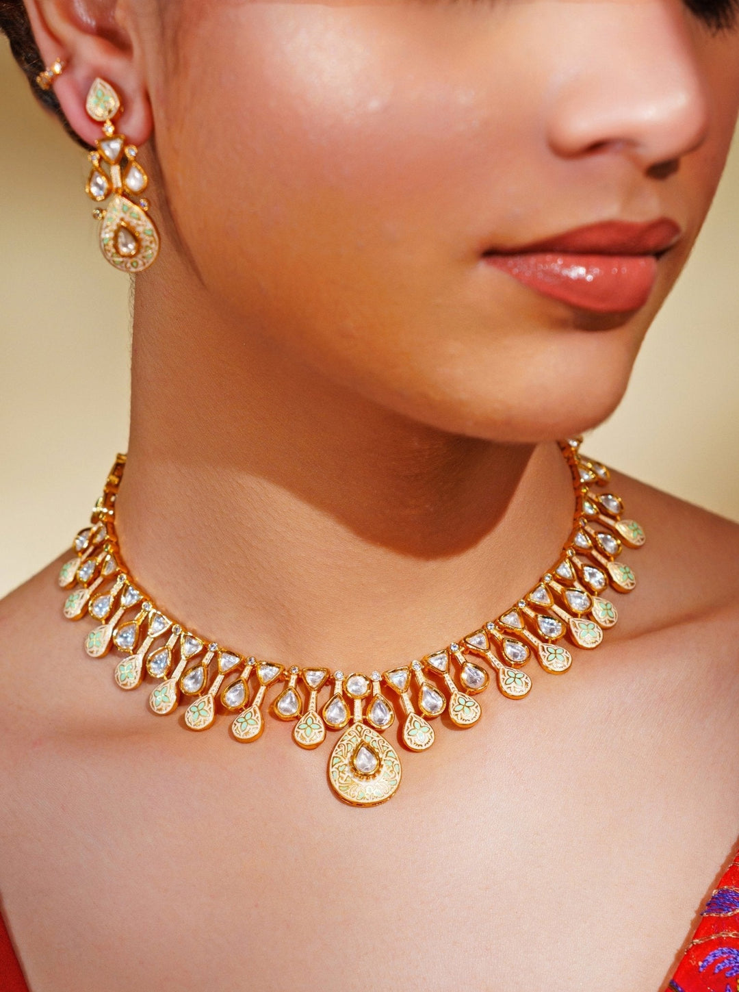 Gold Plated Teardrop Kundan Polki Necklace Set Zevar by Geeta - Fabilicious Fashion