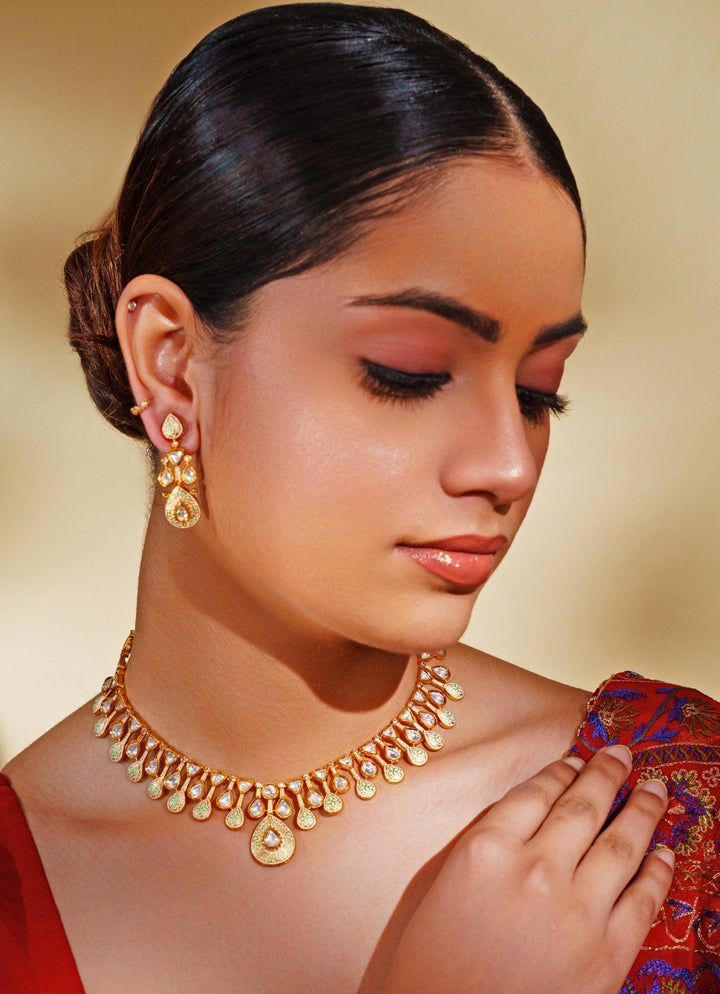 Gold Plated Teardrop Kundan Polki Necklace Set Zevar by Geeta - Fabilicious Fashion