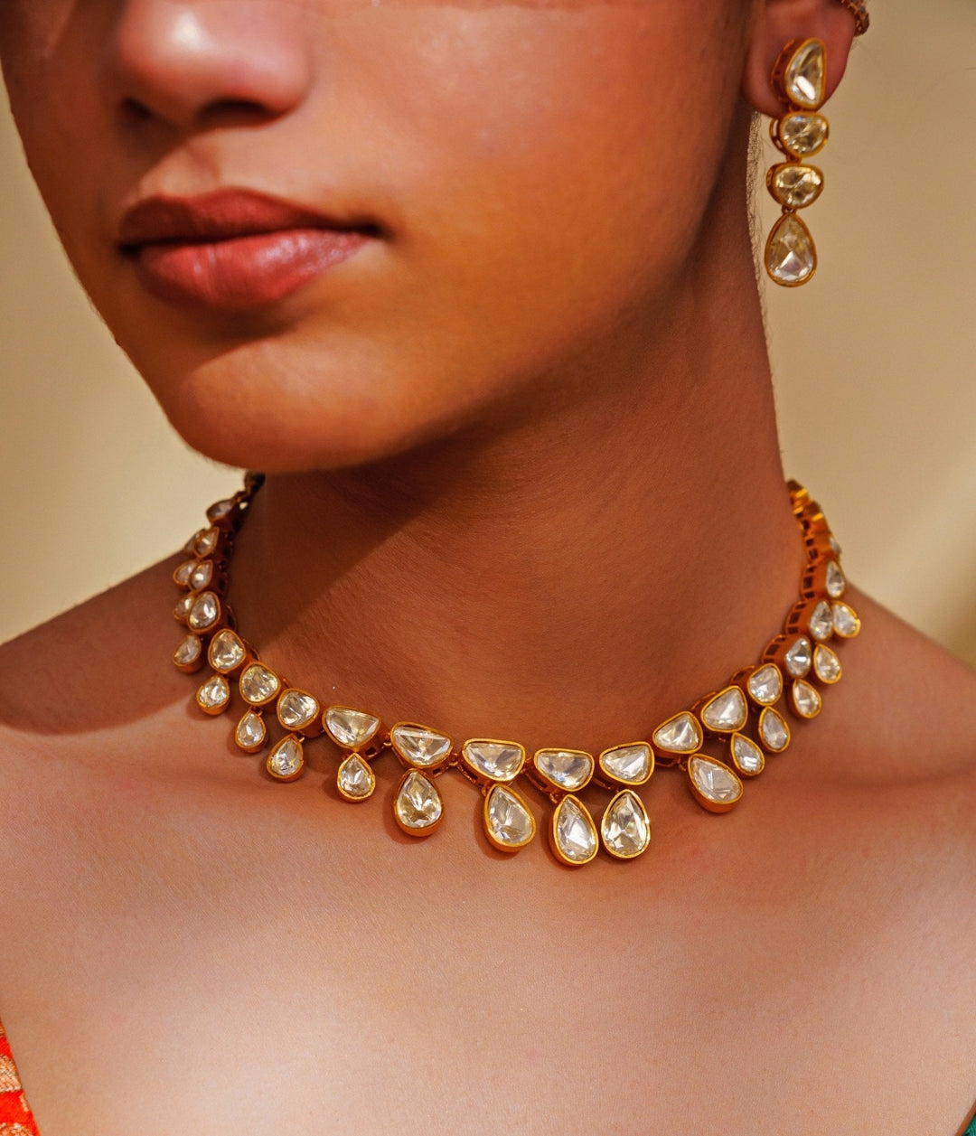 Gold Plated Teardrop Moissanite Necklace Set Zevar by Geeta - Fabilicious Fashion
