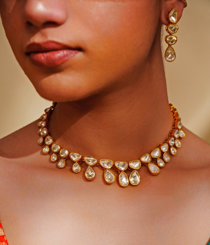 Gold Plated Teardrop Moissanite Necklace Set Zevar by Geeta - Fabilicious Fashion