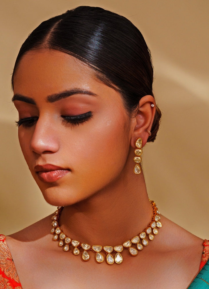 Gold Plated Teardrop Moissanite Necklace Set Zevar by Geeta - Fabilicious Fashion