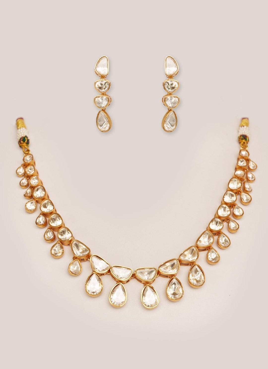 Gold Plated Teardrop Moissanite Necklace Set Zevar by Geeta - Fabilicious Fashion