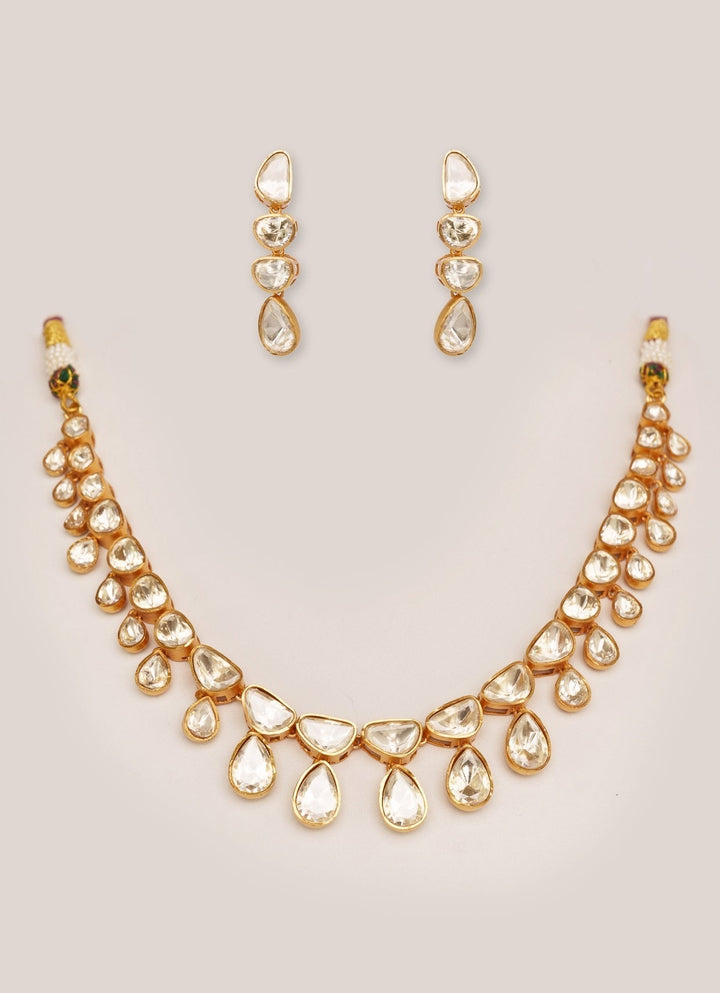 Gold Plated Teardrop Moissanite Necklace Set Zevar by Geeta - Fabilicious Fashion