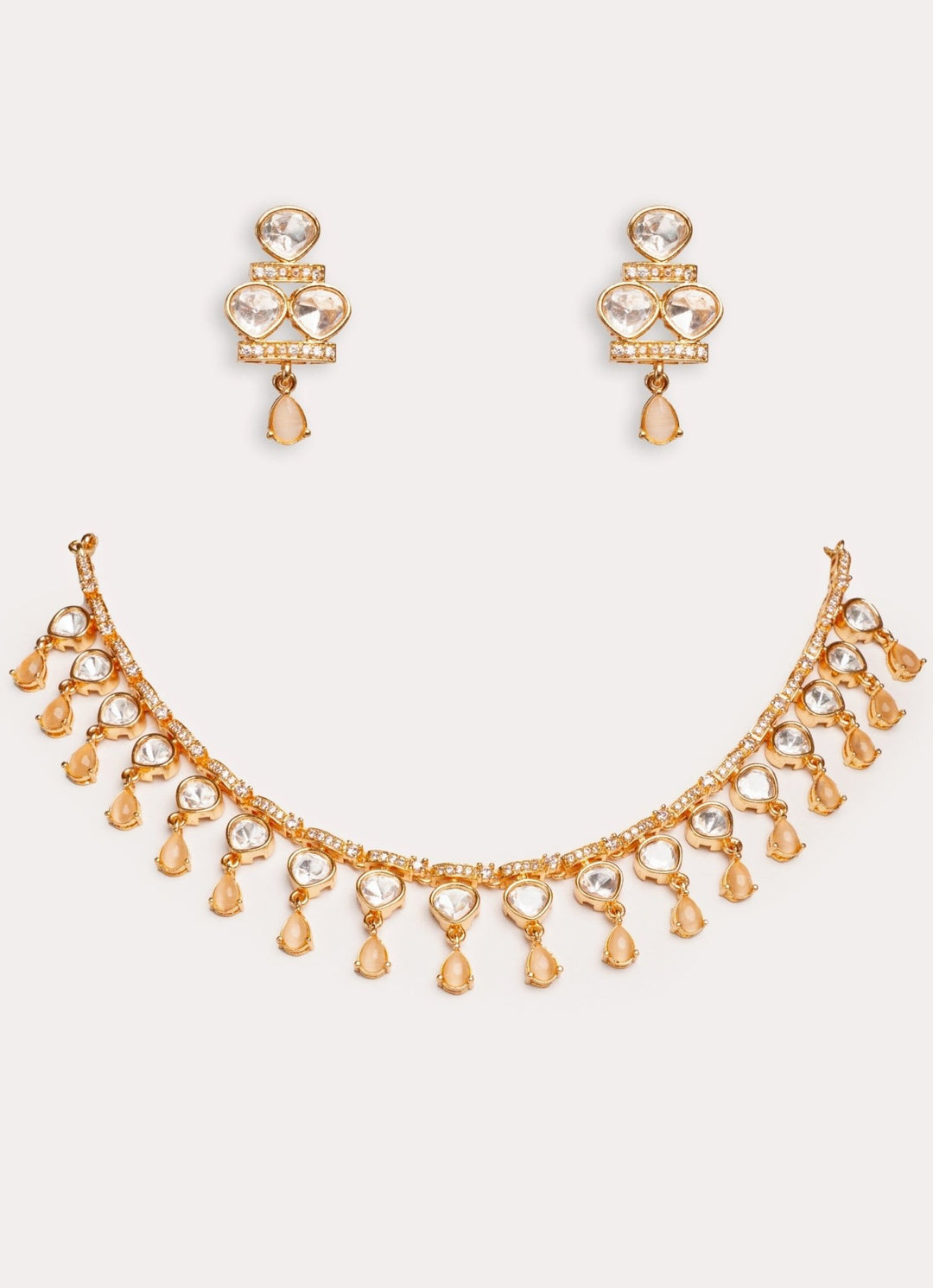 Gold Plated Teardrop Shaped Kundan Polki Necklace Set Zevar by Geeta - Fabilicious Fashion