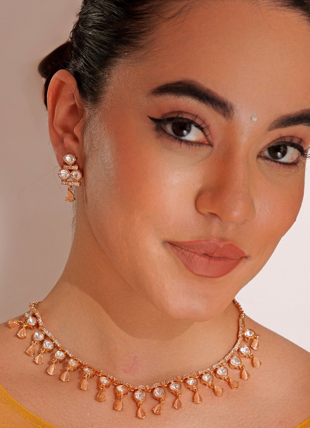 Gold Plated Teardrop Shaped Kundan Polki Necklace Set Zevar by Geeta - Fabilicious Fashion