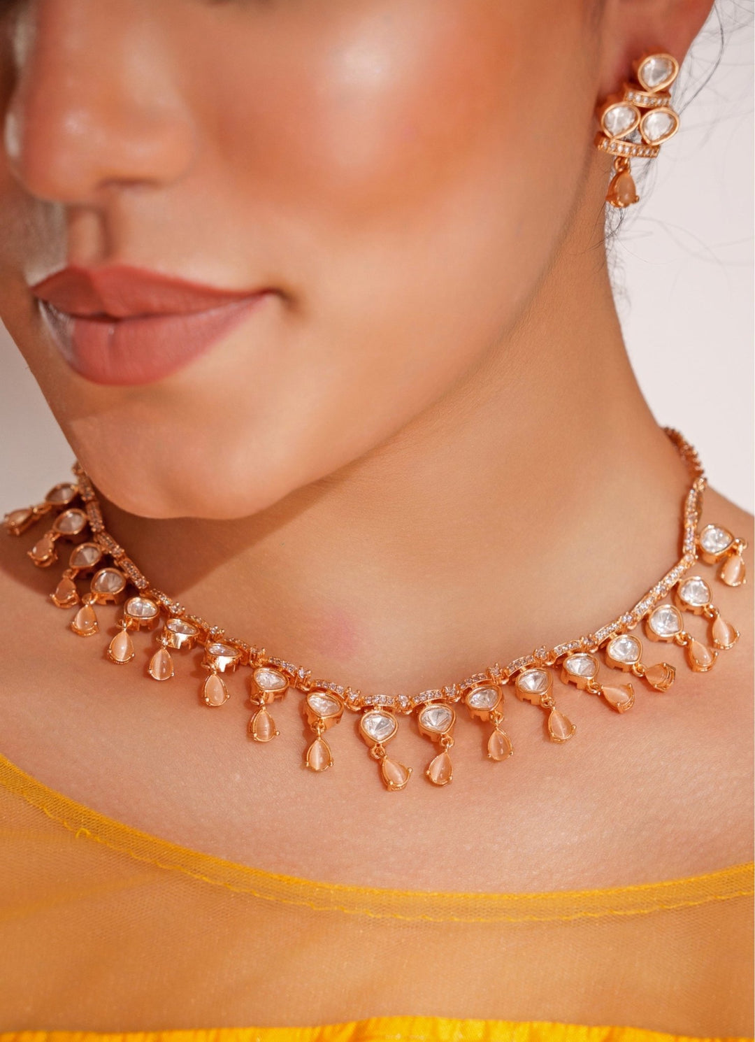 Gold Plated Teardrop Shaped Kundan Polki Necklace Set Zevar by Geeta - Fabilicious Fashion