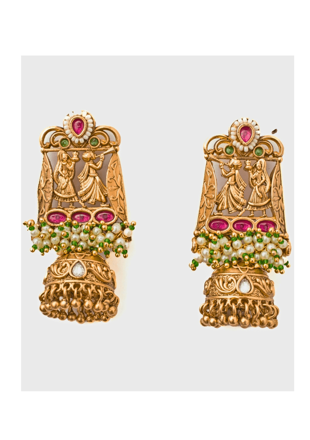 Gold Plated Temple Green And Pink Beaded Earrings Vivinia by Vidhi Mehra - Fabilicious Fashion