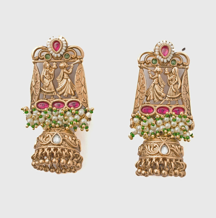 Gold Plated Temple Green And Pink Beaded Earrings Vivinia by Vidhi Mehra - Fabilicious Fashion