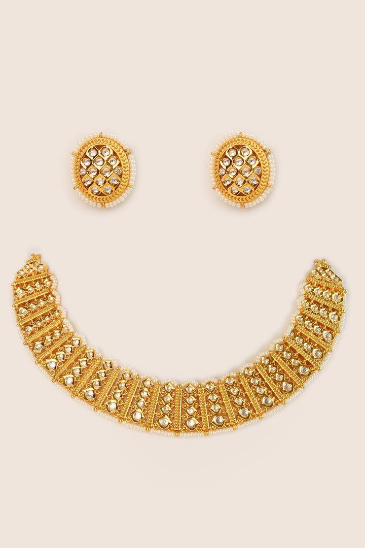 Gold Plated Temple Necklace Set With Stud Earrings Zevar by Geeta - Fabilicious Fashion