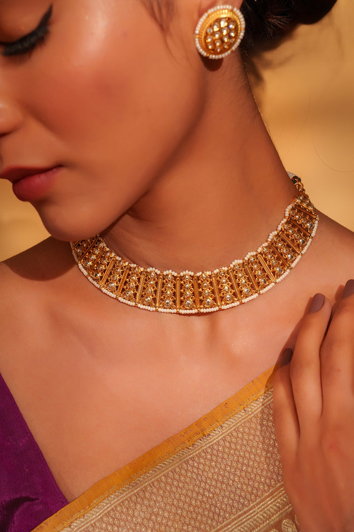 Gold Plated Temple Necklace Set With Stud Earrings Zevar by Geeta - Fabilicious Fashion