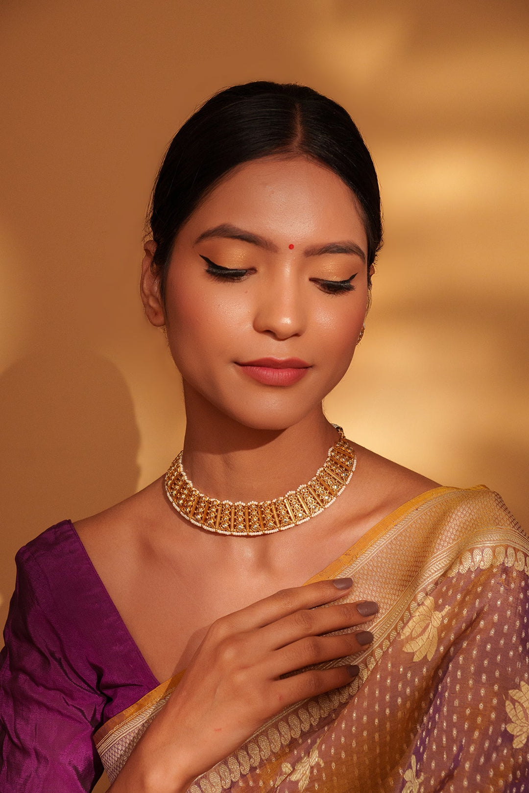 Gold Plated Temple Necklace Set With Stud Earrings Zevar by Geeta - Fabilicious Fashion