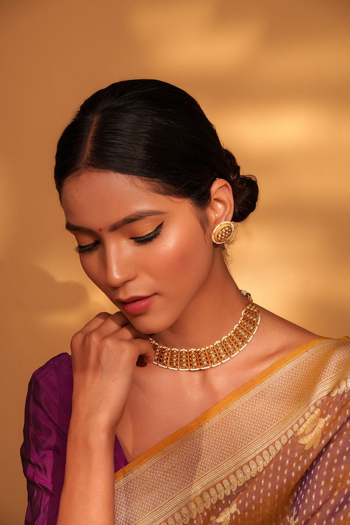 Gold Plated Temple Necklace Set With Stud Earrings Zevar by Geeta - Fabilicious Fashion