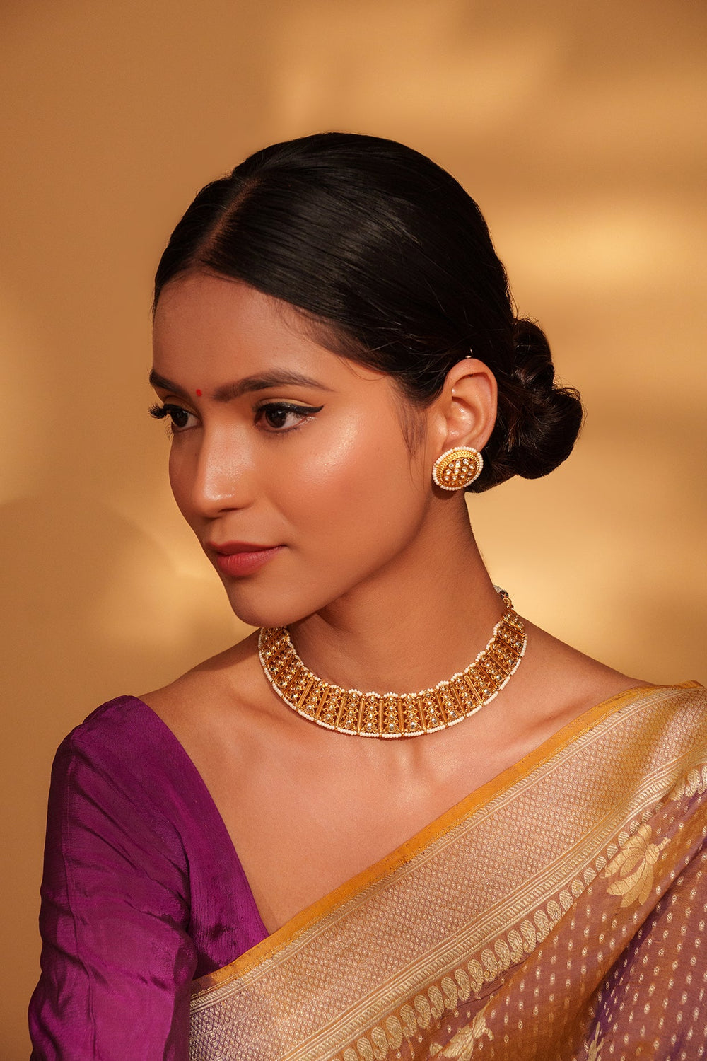 Gold Plated Temple Necklace Set With Stud Earrings Zevar by Geeta - Fabilicious Fashion