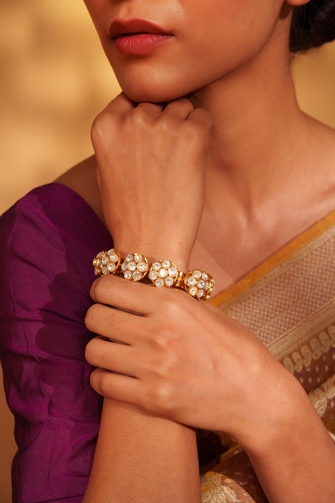 Gold Plated Three Layer Kundan Bracelet Zevar by Geeta - Fabilicious Fashion