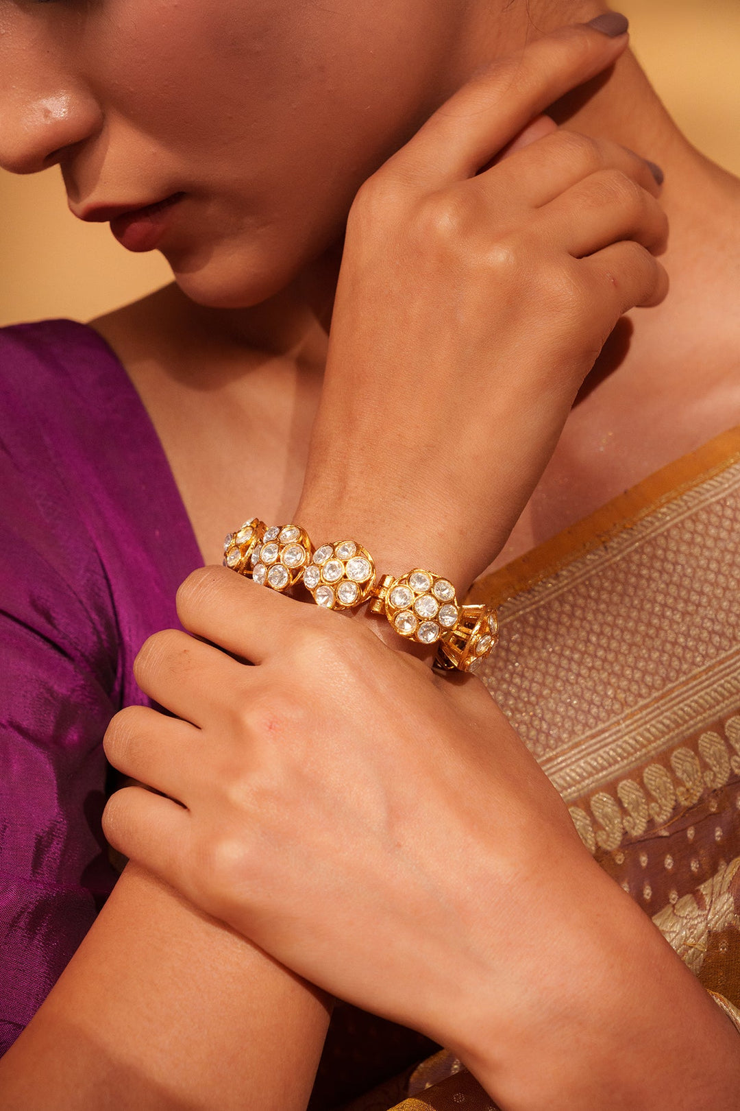 Gold Plated Three Layer Kundan Bracelet Zevar by Geeta - Fabilicious Fashion